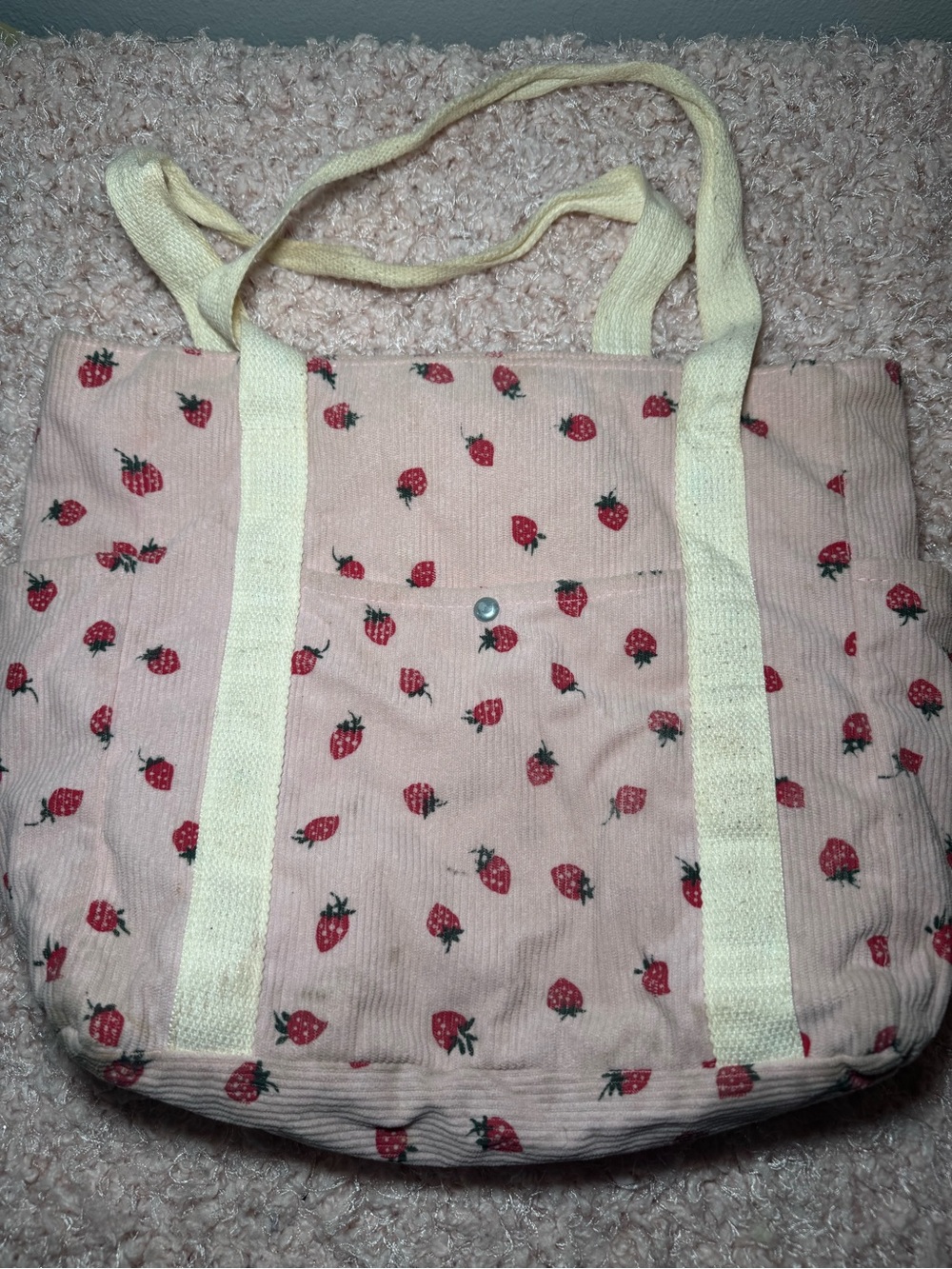 SHEIN Pink Strawberry Print Canvas Tote with Cream Straps